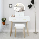 Alivio Hollywood Dressing Table Set with Round Mirror LED Lights (White)