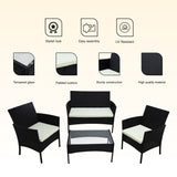 Alivio 4 Piece Rattan Sofa Set Patio Furniture with Coffee Table Weather Resistant UV Protected Cushions for Indoor Outdoor Use (Black)
