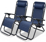 Alivio Zero Gravity Sun Loungers, Adjustable Reclining Outdoor Chairs with Cup Holder & Headrest, Dark Blue (Set of 2)
