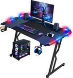 Alivio LED Gaming Desk - Ergonomic Curved Carbon Fiber Table with Wireless Lighting Control, Cup Holder, Headphone Stand