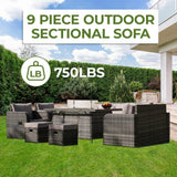 Alivio 9 Seater Rattan Furniture Set Built-In Propane Fire Pit with Anti-UV Cushions (Grey)