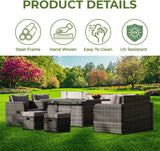Alivio 9 Seater Rattan Furniture Set Built-In Propane Fire Pit with Anti-UV Cushions (Grey)