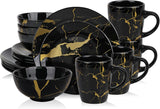 Alivio 16-Piece Premium Porcelain Dinnerware Set, Black & Gold Marble Design, Scratch-Resistant, Luxury Tableware Collection