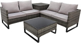 Alivio 4-Piece Rattan Garden Furniture Set – L-Shape Corner Sofa with Storage & Glass Coffee Table (Grey)