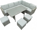Alivio 9-Seater Outdoor Rattan Patio Furniture Set with Corner Sofa, Dining Table & Stools, Grey