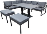 Alivio 8 Seater Garden Furniture Set Modular L Shape Outdoor Sectional Sofa with Adjustable Rising Table and Ottomans All Weather Metal Patio Dining and Lounge Set