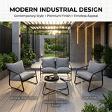 Alivio 4-Seater Outdoor Iron Sofa Set with Cushions & Coffee Table, Modern Garden Patio Furniture (