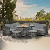 Alivio 8-Seater Garden Rattan Sofa Set, Furniture Set with Coffee Table, Anti-UV Cushions for Indoor Outdoor (Grey)