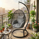 Alivio Rattan Hanging Egg Chair Basket Chair with Cushions, Swing Egg Chair for Indoor Outdoor Patio Garden 94.5 x 194.5cm, Weather Resistant Free Standing Egg Chair 150kg Capacity