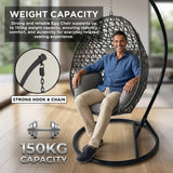 Alivio Rattan Hanging Egg Chair Basket Chair with Cushions, Swing Egg Chair for Indoor Outdoor Patio Garden 94.5 x 194.5cm, Weather Resistant Free Standing Egg Chair 150kg Capacity