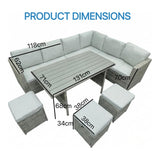 Alivio 9-Seater Outdoor Rattan Patio Furniture Set with Corner Sofa, Dining Table & Stools, Grey