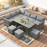 Alivio 9-Seater Outdoor Rattan Patio Furniture Set with Corner Sofa, Dining Table & Stools, Grey