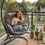 Alivio Rattan Hanging Egg Chair Basket Chair with Cushions, Swing Egg Chair for Indoor Outdoor Patio Garden 94.5 x 194.5cm, Weather Resistant Free Standing Egg Chair 150kg Capacity
